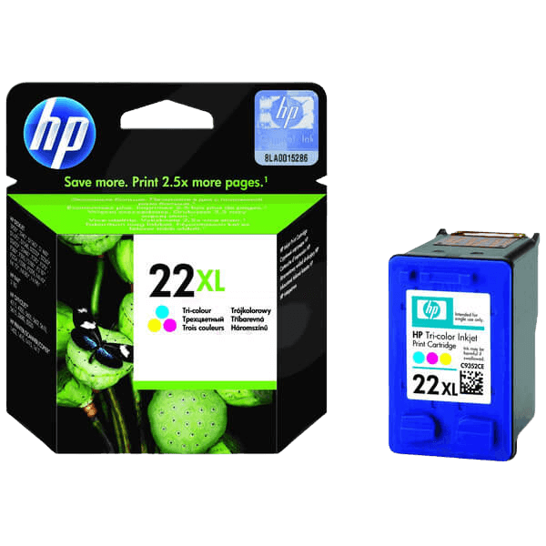 HP 22 XL 3 farver i én original blækpatron 11 ml. (C9352CE)